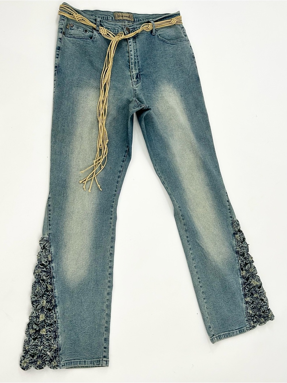 Vintage Y2K Crest Jeans Floral Crochet Flare Belted Denim 17/18